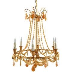 French Vintage 1940s Peach Crystal 6-light Chandelier