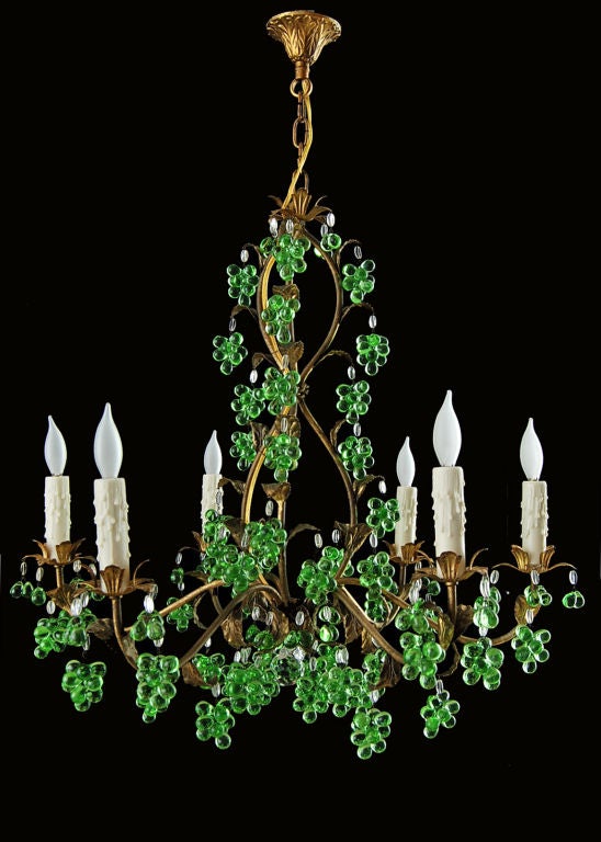 Italian Gilt Tole Chandelier with Green Glass "Grapes" Clusters