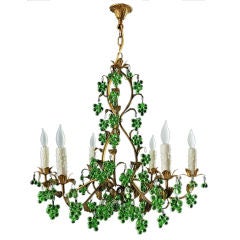 Italian Gilt Tole Chandelier with Green Glass "Grapes" Clusters