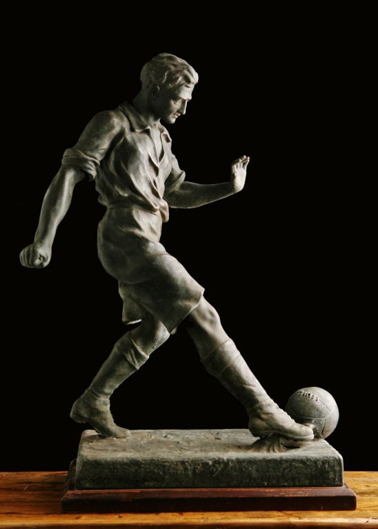 French Vintage Spelter (or White Metal) Sculpture of a Soccer Player Signed Ruffony Circa 1930