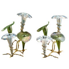 Antique Pair of French Art Nouveau Iridescent Glass Flower Holders