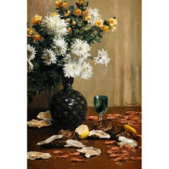 E. BEAUVOIS "Still Life with Oysters and Shrimp" Oil Painting