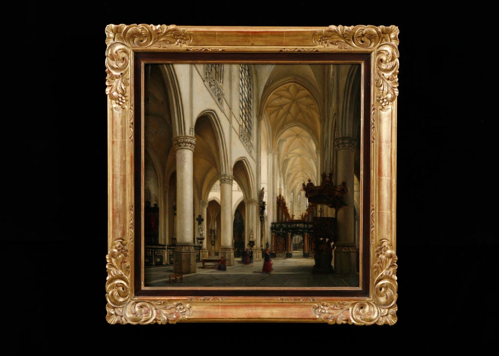 VAN HAVERBEKE "Interior of Gothic Church" Oil on Panel