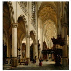 VAN HAVERBEKE "Interior of Gothic Church" Oil on Panel
