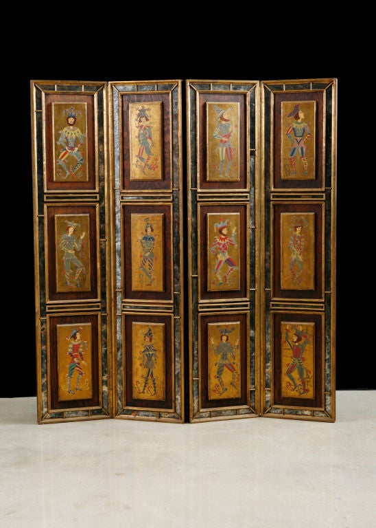 Beautiful and Unusual Italian Four Panel Screen with 12 unique harlequins painted on each panel on gold leafed background. Mirrored frame around each one. Each of the panel measures 15.75