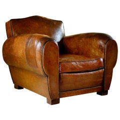 Pair of French Art Deco Vintage Leather Club Chairs