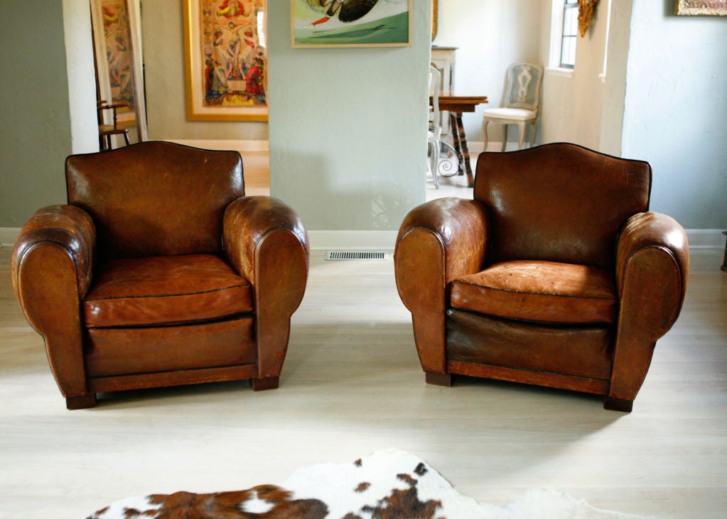 Mid-20th Century Pair of French Art Deco Vintage Leather Club Chairs