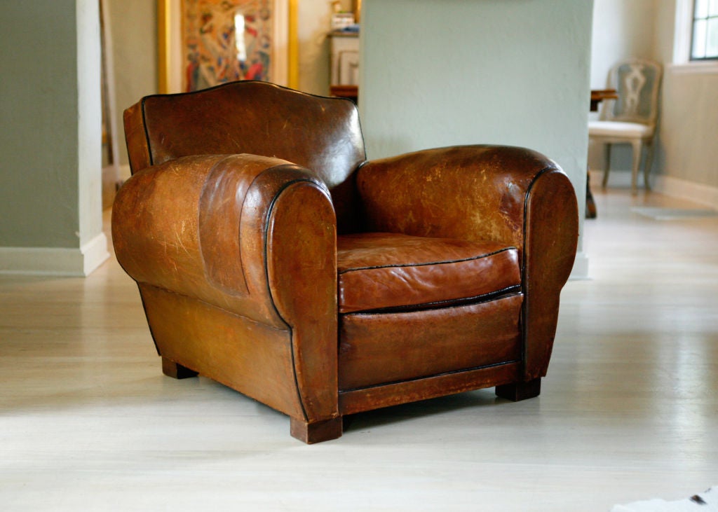 Pair of French Art Deco Vintage Leather Club Chairs 1