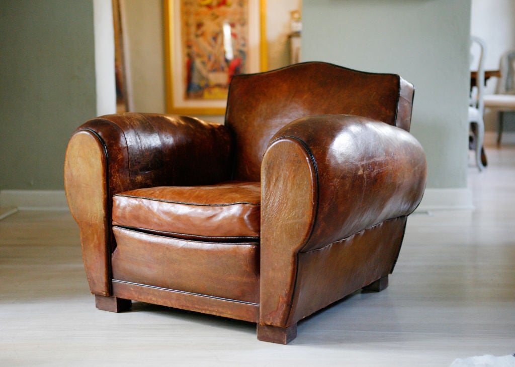 Pair of French Art Deco Vintage Leather Club Chairs 4