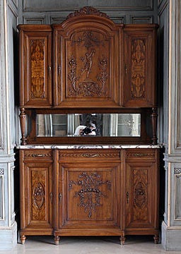 French Antique Carved Walnut Marbletop Deux-Corps Buffet