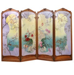 French Antique Art Nouveau Four-Panel Painted Screen French Antique Art Nouveau Four-Panel Painted Screen