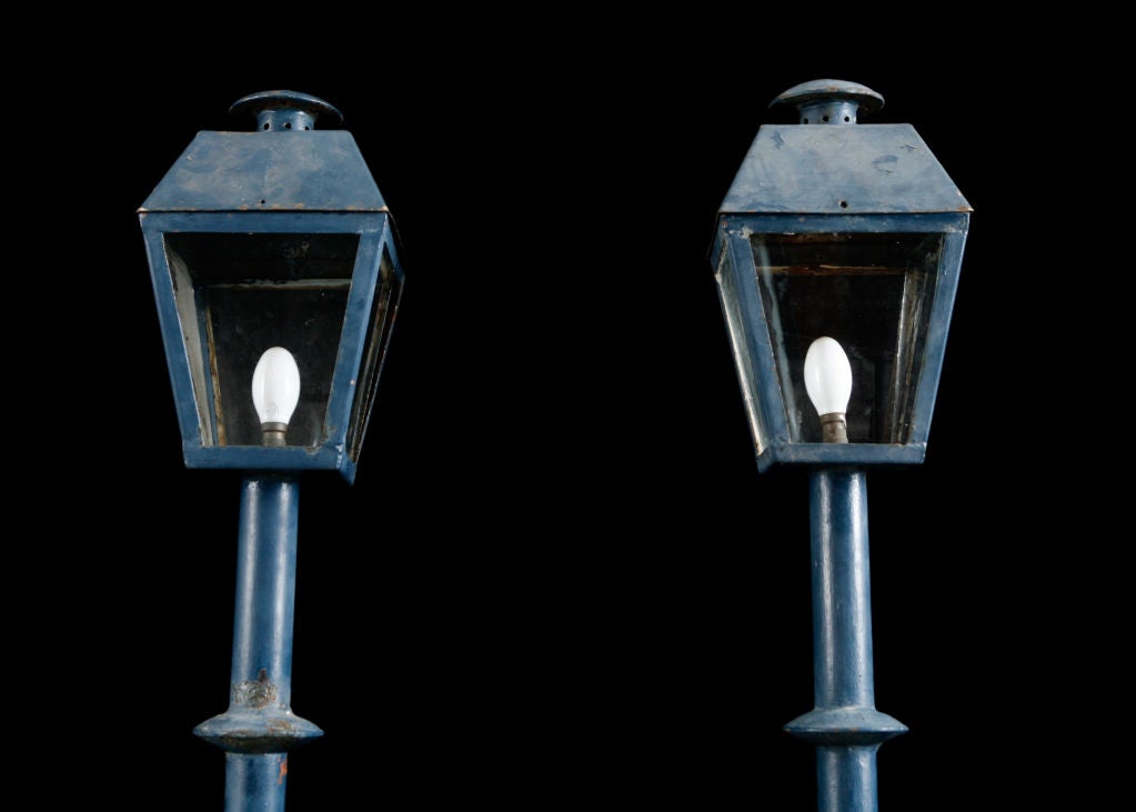 Great set of four cast iron blue painted street lamps. Can also be sold by the pair.