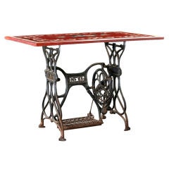 French Antique Cast Iron Sewing Table with Mosaic Marbletop