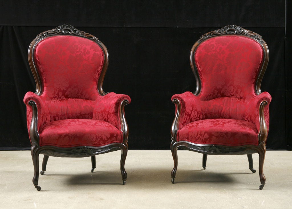 Pair of English Antique Victorian Period Carved Rosewood Parlor Chairs with Brocade Silk