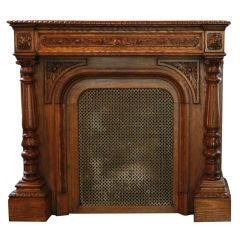 French Antique Carved Oak Fireplace Mantel with Screen