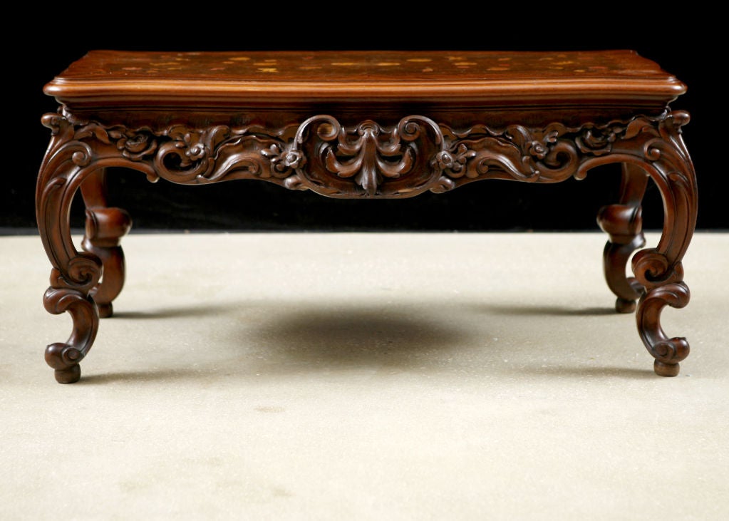 French Antique Cocktail or Coffee Table with Carved legs and apron and beautifully inlaid top.