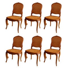 Set of Six Country French Carved Oak Caned Dining Chairs