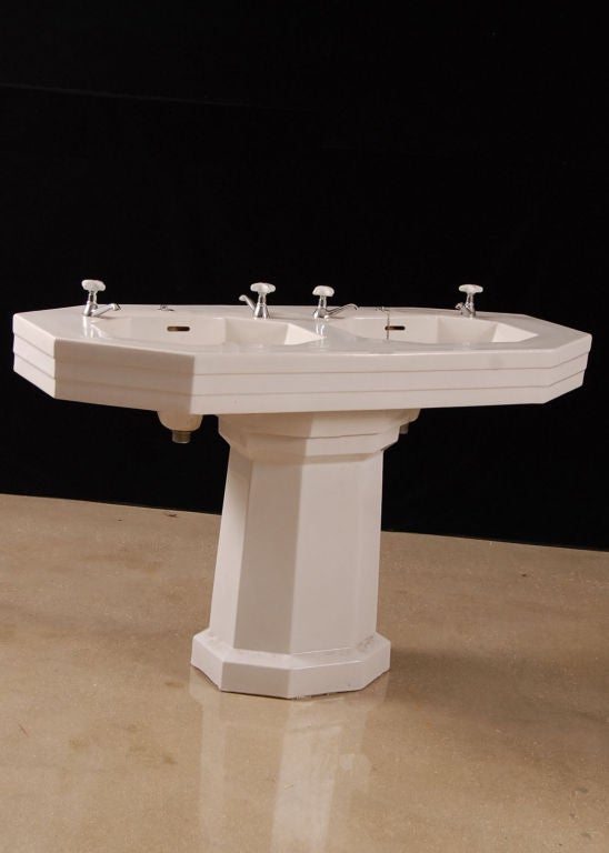Rare Art Deco Period Gres Belge Belgian Double Sink and Pedestal with Four Original Faucets