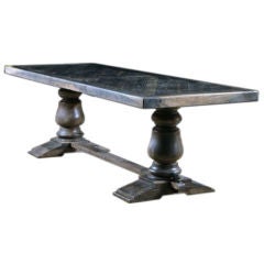 French Antique Parquet Top Black Stained Farm Table