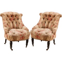 Pair of Napoleon III Period French Vintage Tufted Slipper Chairs