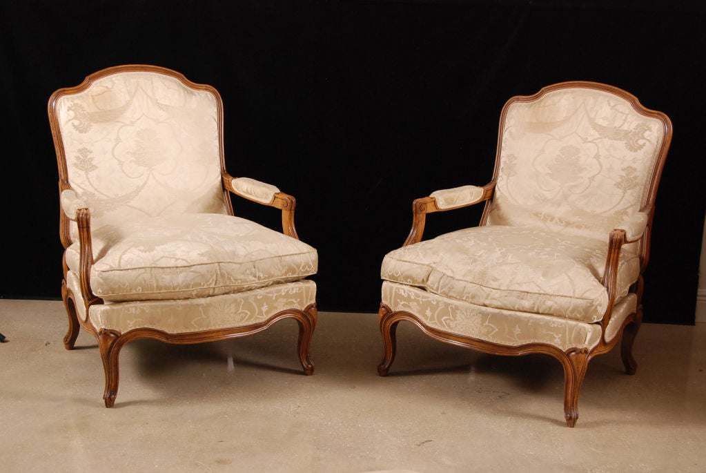 Pair Of French Antique Louis XV style Walnut Armchairs With Pouf or Foot rest