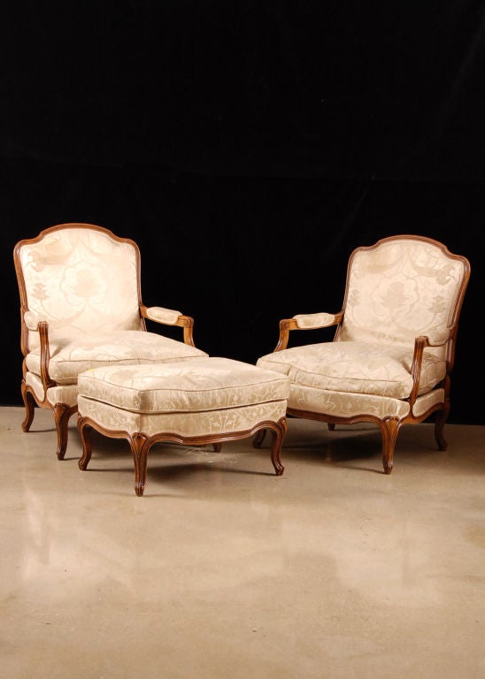 Pair Of French Antique Walnut Armchairs With Pouf 5