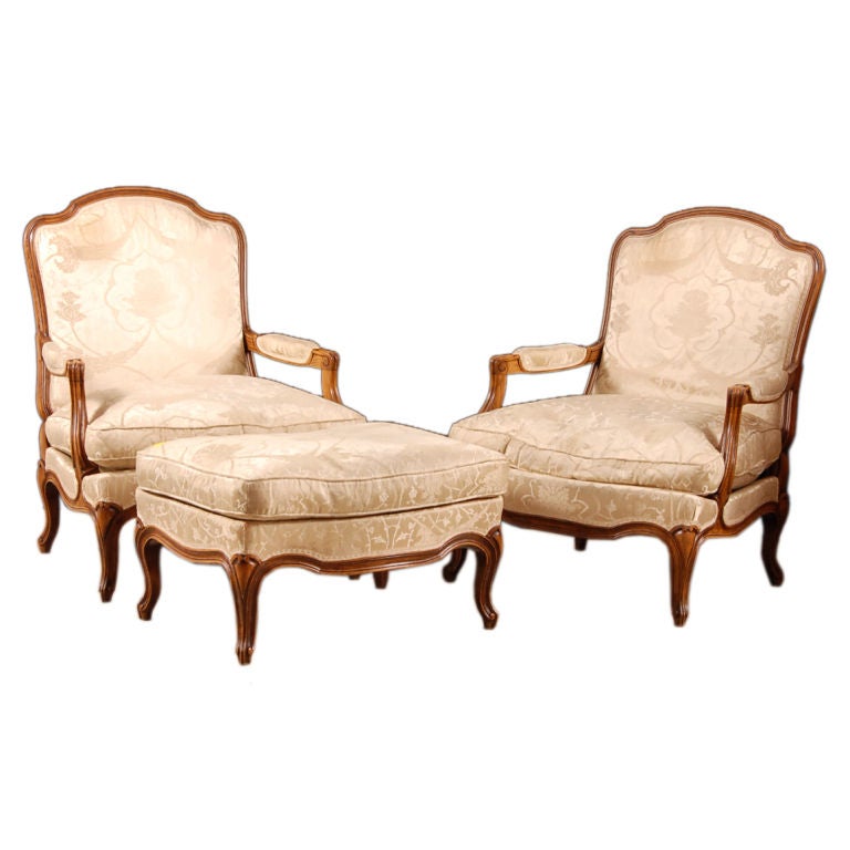 Pair Of French Antique Walnut Armchairs With Pouf