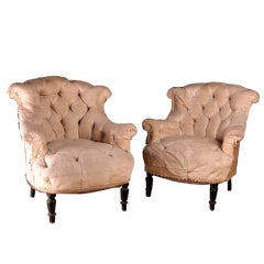 Pair of Napoleon III Period French Vintage Tufted Bergeres