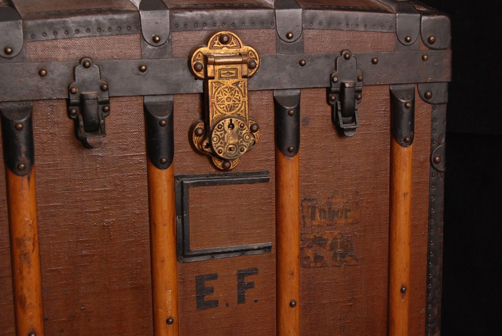 French Vintage European Steamer Trunk Marked E.F.