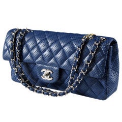 Vintage Authentic CHANEL Blue Perforated Quilted Leather East West Flap