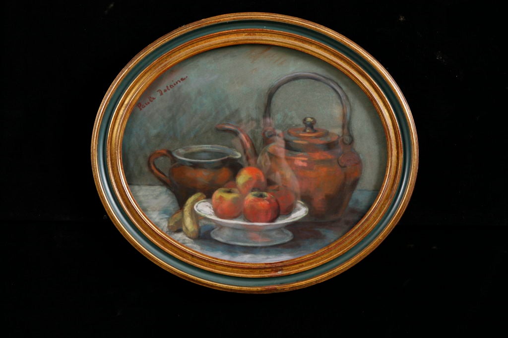 French Vintage Pastel Still Life Signed Paule Delaine, oval frame. Beautiful composition with copper kettle and fruit.