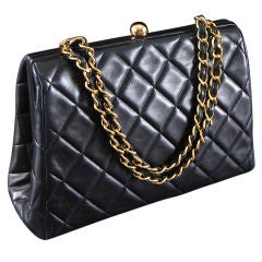 Vintage Classic CHANEL Black Leather Handbag with Gold Chain Strap