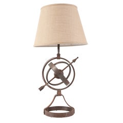 French Nautical Armillary Iron Table Lamp with New Burlap Shade
