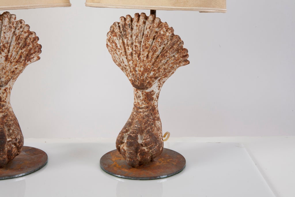 Pair of French Iron Bathtub Feet Table Lamps with Parchment Shades