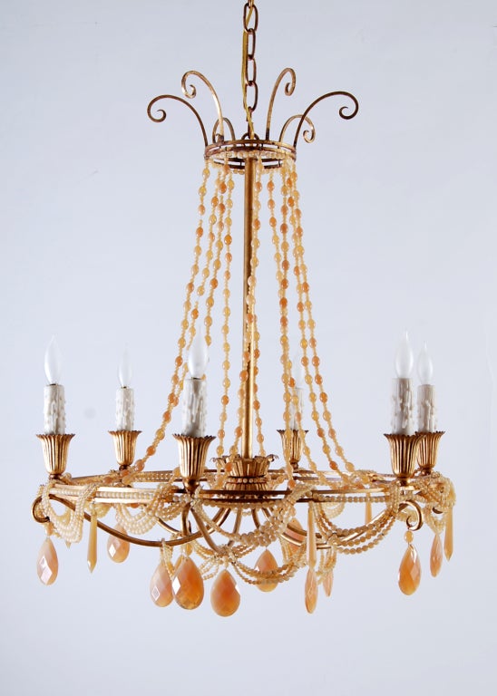 French Vintage 1940s Peach Crystal 6-light Chandelier