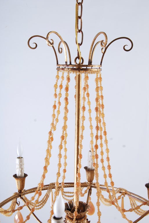 French Vintage 1940s Peach Crystal Chandelier 1