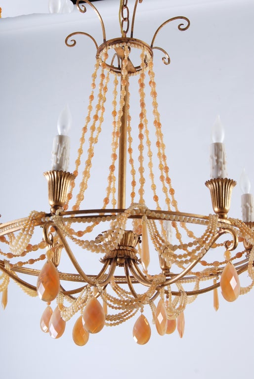 French Vintage 1940s Peach Crystal Chandelier 3