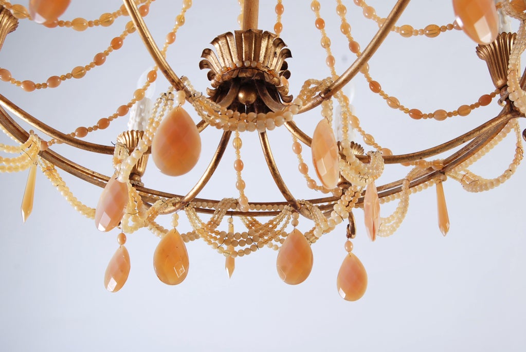 French Vintage 1940s Peach Crystal Chandelier 5