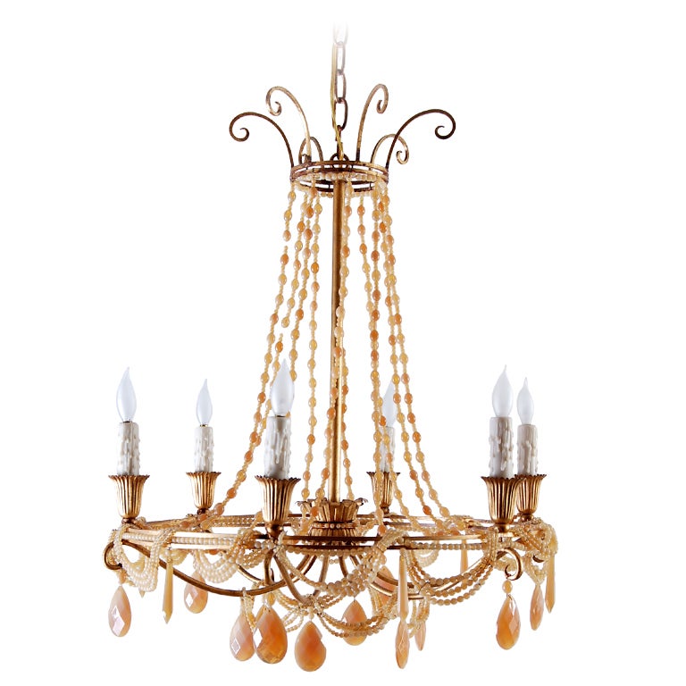 French Vintage 1940s Peach Crystal Chandelier