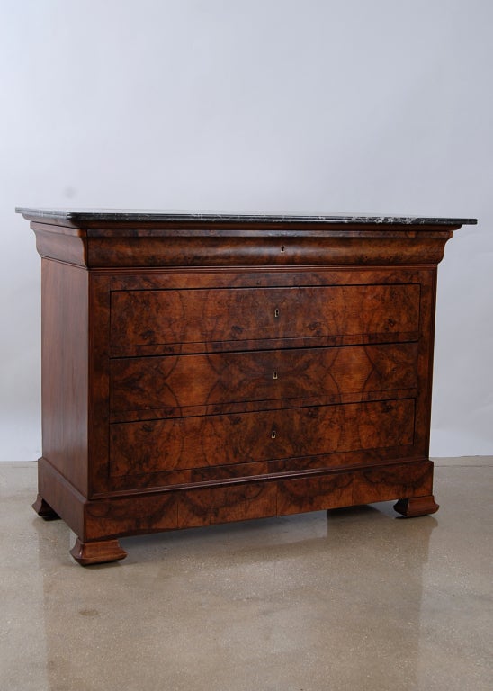 French Antique Louis Philippe Burlwood Veneer Chest Of Drawers with Original Marbletop