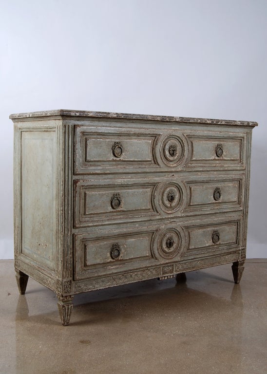 French Louis XVI Style Painted Chest Of Drawers With Faux Marbletop. Early 19th Century Chest with recent patina painted by superb artist.