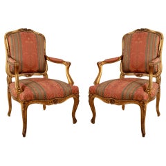 Pair Of French Antique Louis XV Style Giltwood Armchairs