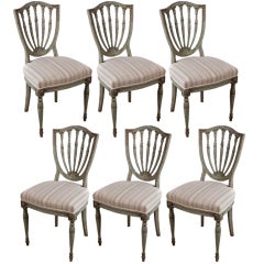 Set Of 6 Belgian Antique Painted Shield Back Dining Chairs