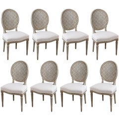 Set of 8 French Antique Painted Caned Medallion Dining Chairs