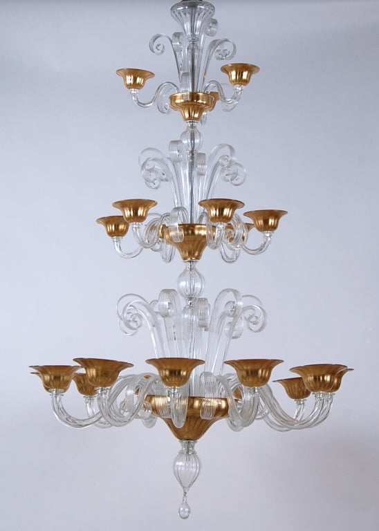 Three-Tier Clear And Gold Murano Chandelier With 21 Branches