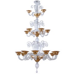 Three-Tier Clear And Gold Murano Chandelier With 21 Branches