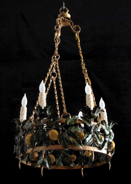 French Vintage Painted Iron Lemons 6-Light Fixture