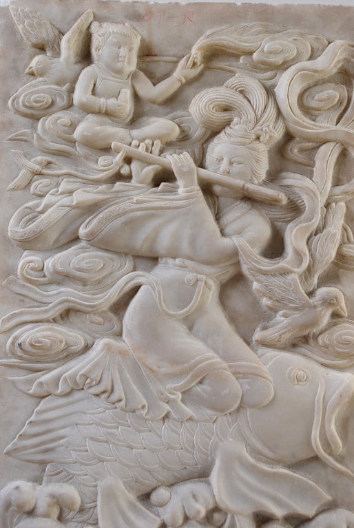 Chinese Carved Marble Plaque "Goddess Playing Flute Riding Fish"