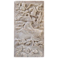 Chinese Carved Marble Plaque "Goddess Playing Flute Riding Fish"