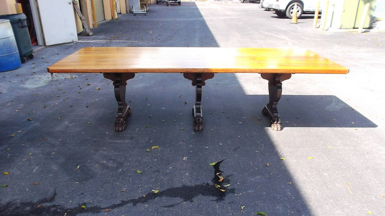 This is a superb very well made refractory dining table great for a kitchen or dining room.
It was made in USA and came from a home in Palm Beach, this was custom  made in USA and cost $7,500.00
The top is solid wood no veneer and is in very good